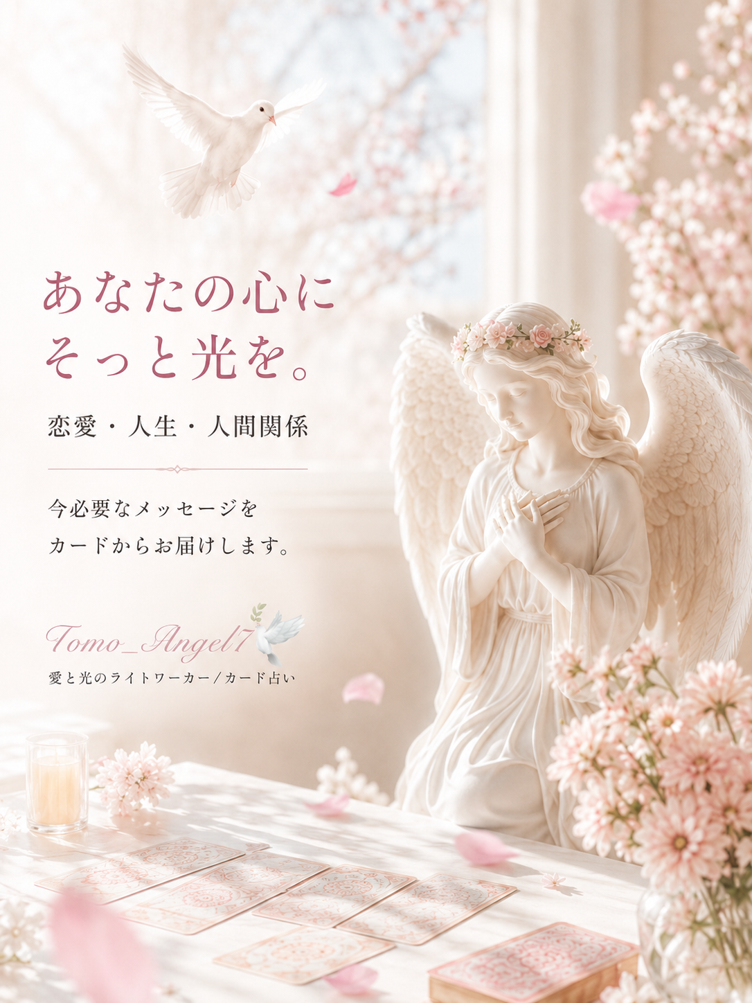 天使と花に包まれたカード占いのイメージ
